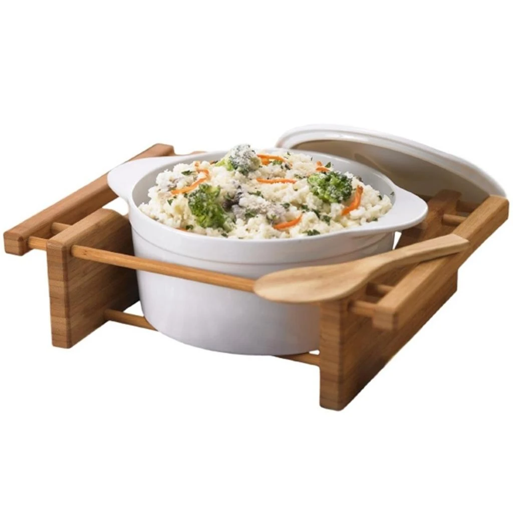 EVCO International 73459 BAMBOO 
STONEWARE Grand Buffet 2.5 Qt Covered Casserole Bakeware Dish with Bamboo Cradles