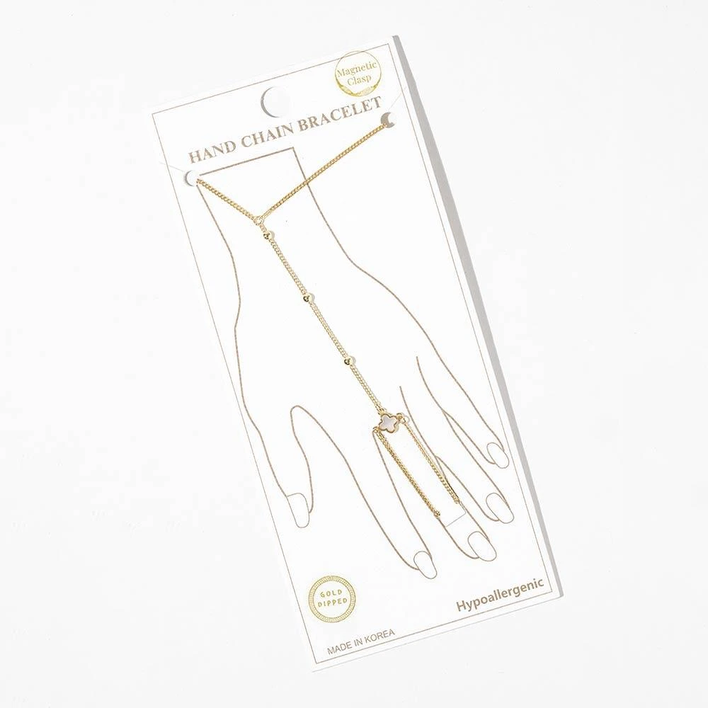 FASHNZFAB Gold Dipped Delicate Beaded Mother of Pearl Quatrefoil Accent Hand Chain Magnetic Bracelet