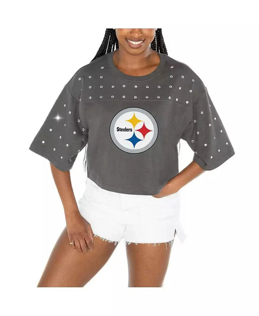 Gameday Couture Women's Gray Pittsburgh Steelers All-Over Rhinestone Cropped Oversized T-Shirt 1