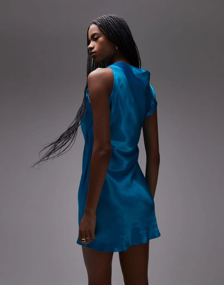 Topshop Topshop grown on shoulder ruched waist mini dress in blue satin 4