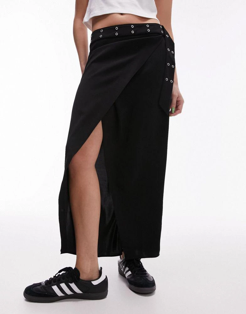 Topshop Topshop eyelet wrap low rise midi skirt in black 5