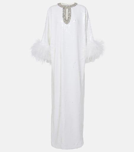 関税込【Self-portrait】Feathertrimmed embellished maxi dress SELF-PORTRAIT Feather-trimmed crystal-embellished silk-blend