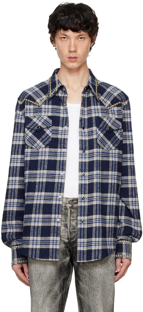 COÛT DE LA LIBERTÉ Blue Steve Diamond Studded Plaid Shirt 1