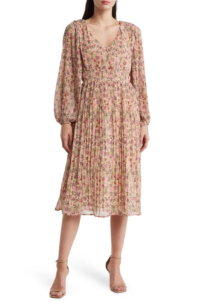 Lush Floral Print Long Sleeve Pleated Midi Dress 1
