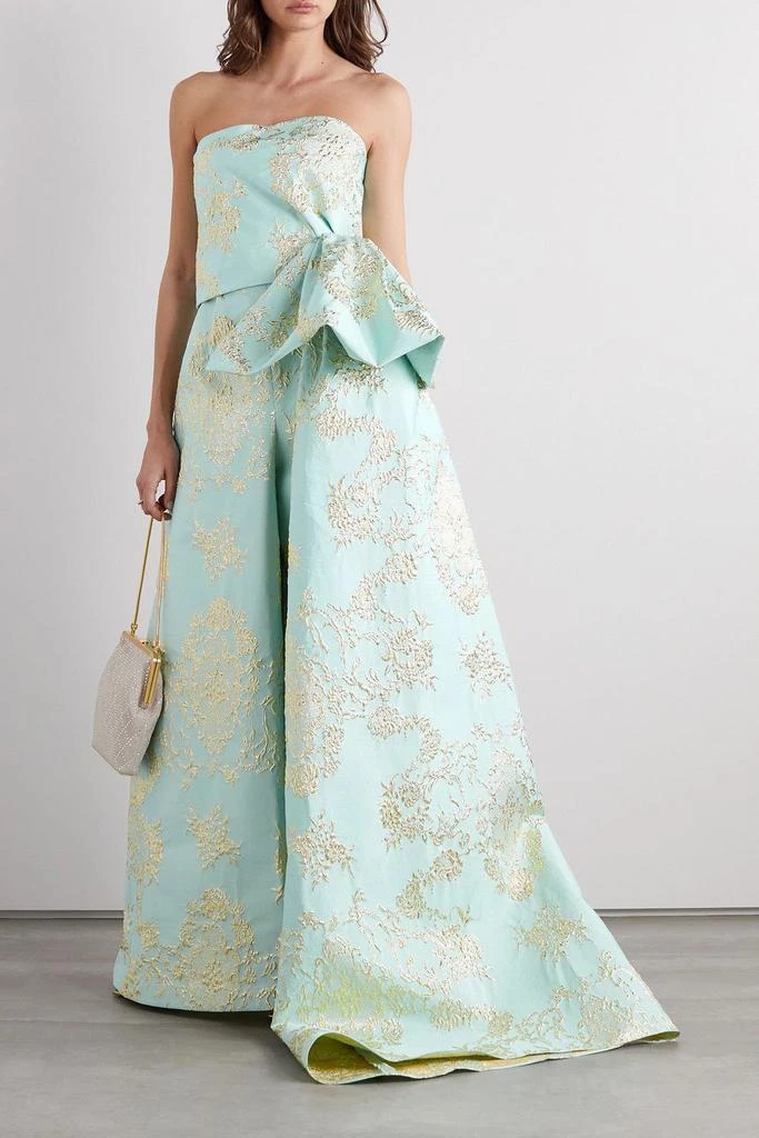 REEM ACRA Draped strapless bow-detailed metallic brocade top 2