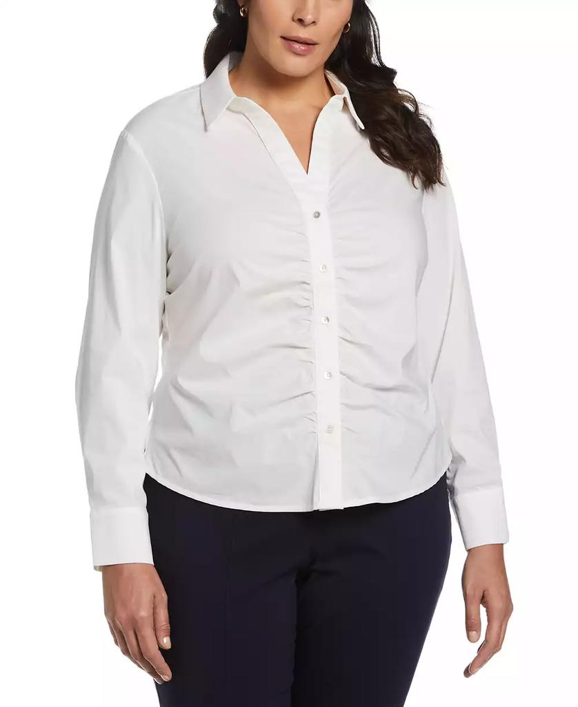 Rafaella Plus Size Ruched Front Poplin Long Sleeve Button-Down Shirt