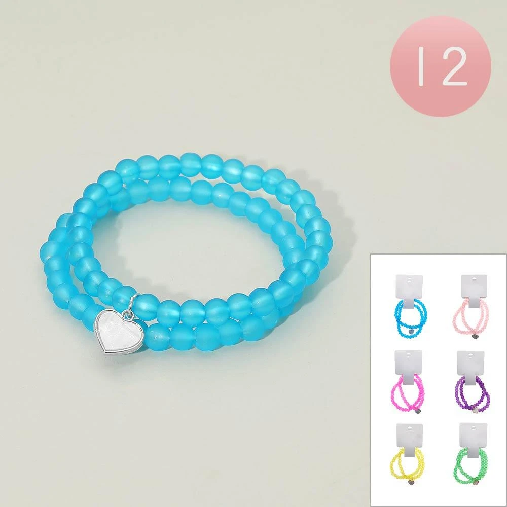 FASHNZFAB 12 SET OF 2 - Mother of Pearl Heart Charm Beaded Stretch Double Layered Bracelets