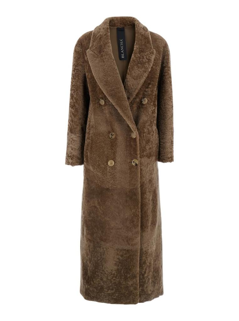 BLANCHA Brown Double-Breasted Shearling Coat With Peak Revers In Fur Woman