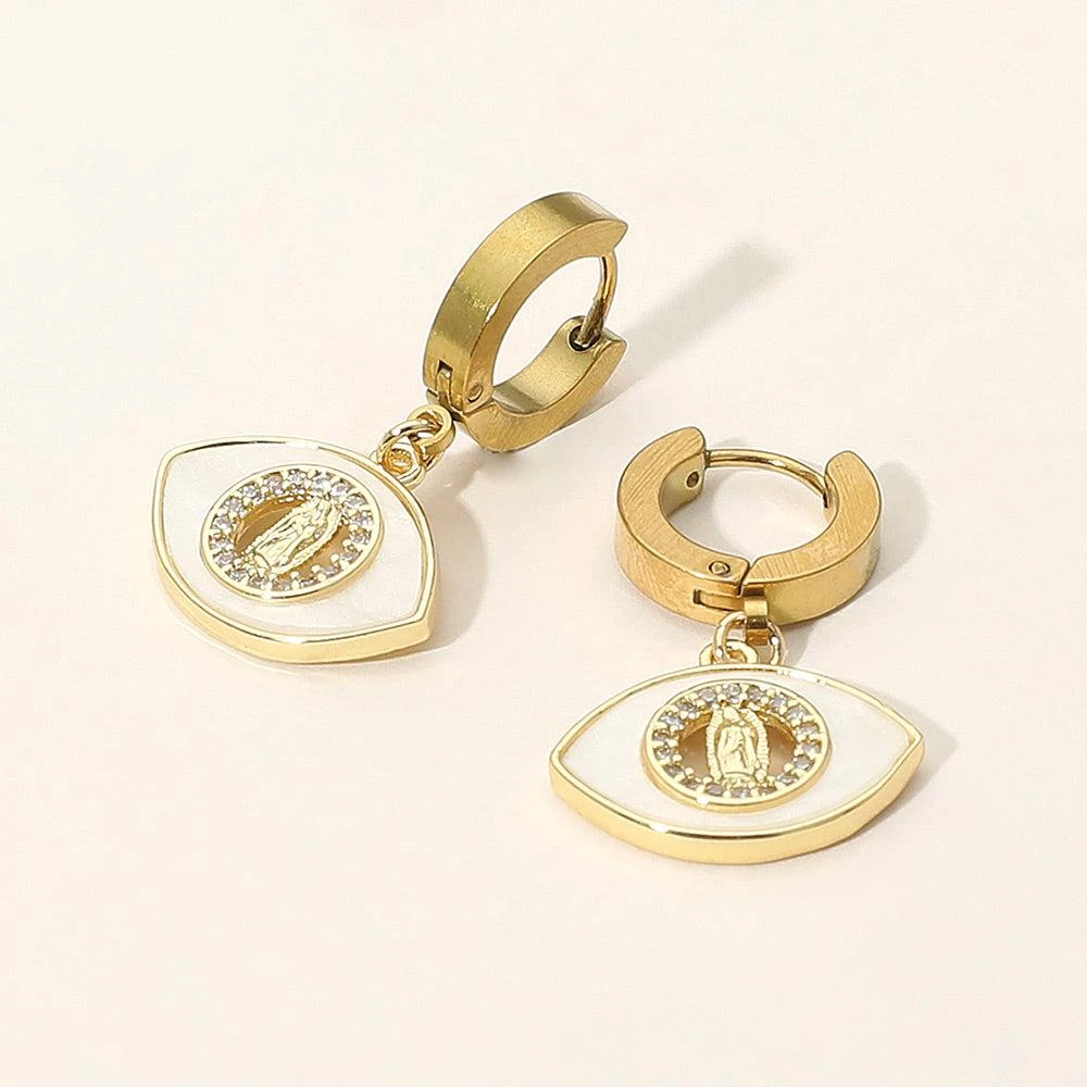 FASHNZFAB Stainless Steel Mother of Pearl CZ Stone Rim Virgin Mary Accent Evil Eye Charm Dangle Huggie Earrings