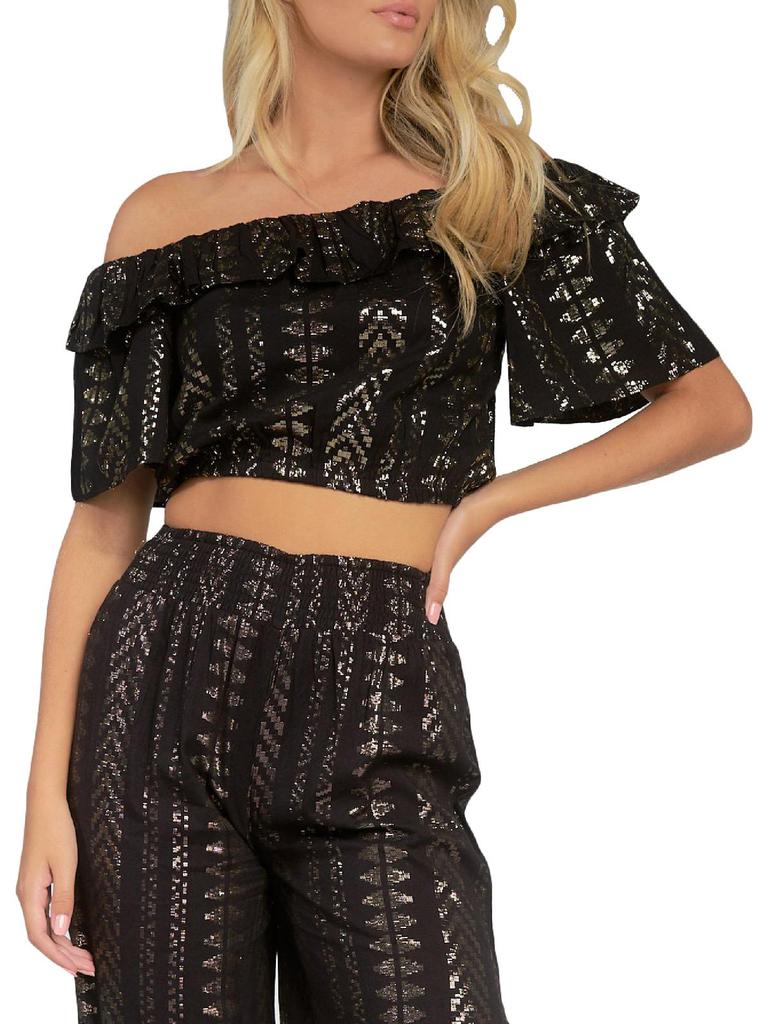 Elan Womens Metallic Ruffled Crop Top