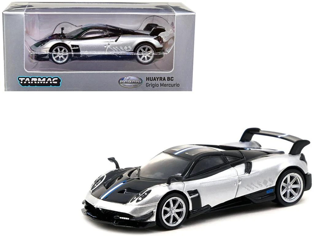 Tarmac Works Pagani Huayra BC Grigio Mercurio Silver Metallic and Black with Stripes "Global64" Series 1/64 Diecast Model Car by 2