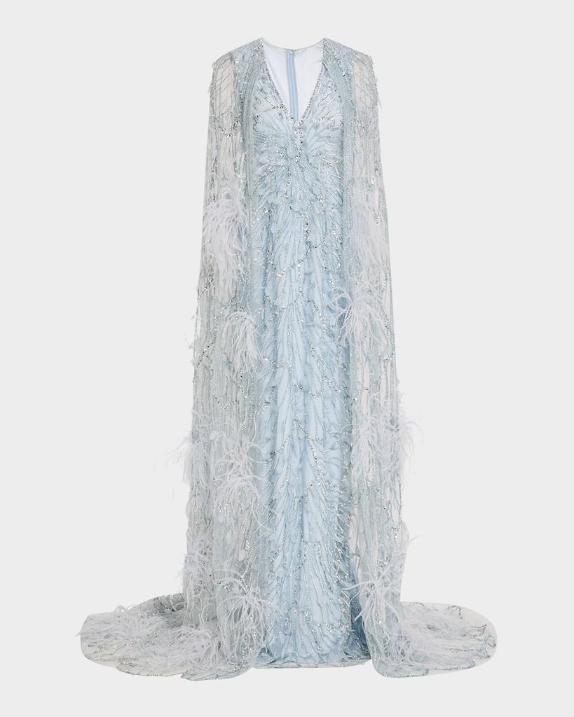 Pamella Roland Crystal Feather Embroidered Tulle Caped Gown