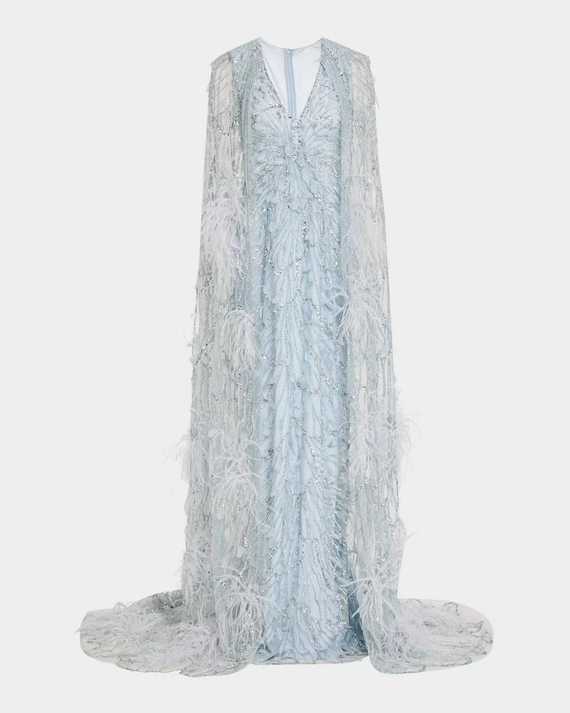 Pamella Roland Crystal Feather Embroidered Tulle Caped Gown 1