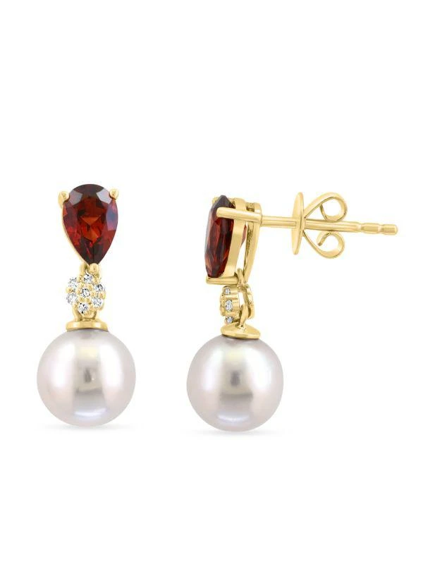 Effy 14K Yellow Gold, Garnet, Fresh Water Pearl & 0.04 TCW Diamond Drop Earrings 1