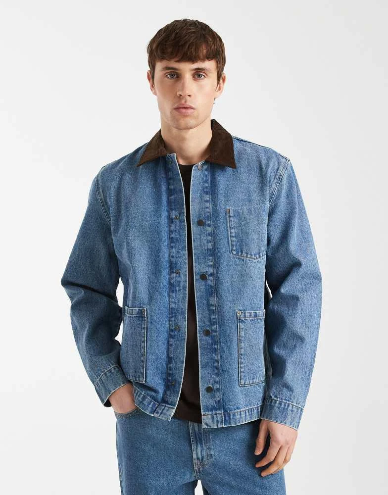 Redefined Rebel Redefined Rebel Wallace denim utility style jacket with contrast collar in mid blue