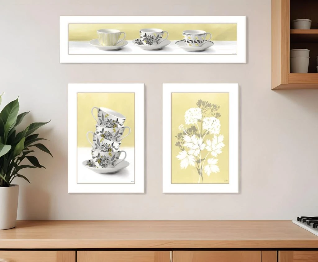 Hivvago Set Of Three Tea Cups and Yellow Flowers White Framed Print Kitchen Wall Art