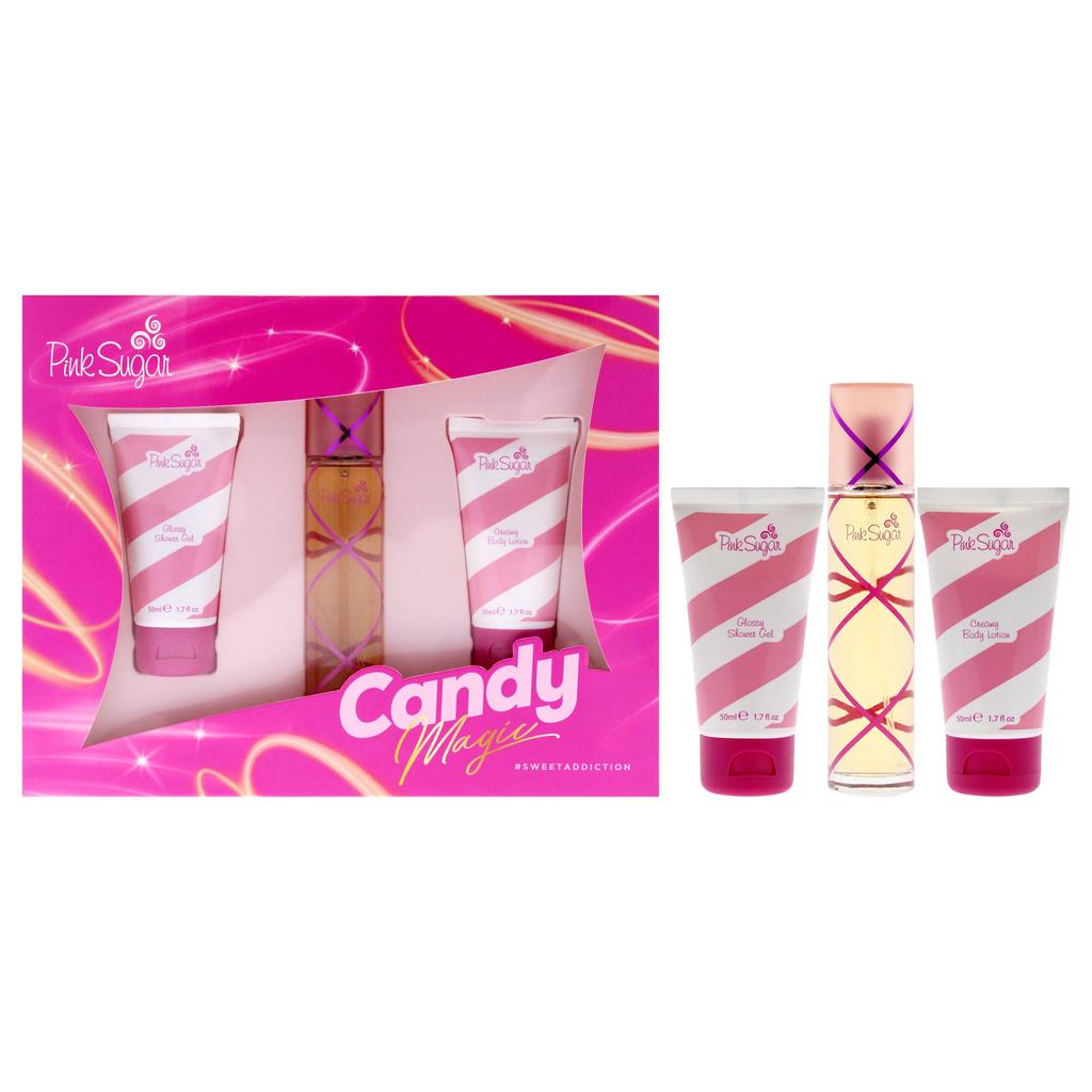 AQUOLINA Pink Sugar Candy Magic by  for Women - 3 Pc Gift Set 1.7oz EDT Spray, 1.7oz Glossy Shower Gel, 1.7oz Creamy Body Lotion