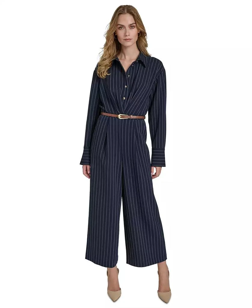 HALSTON Women's Pinstripe Long-Sleeve Belted Wide-Leg Jumpsuit 1