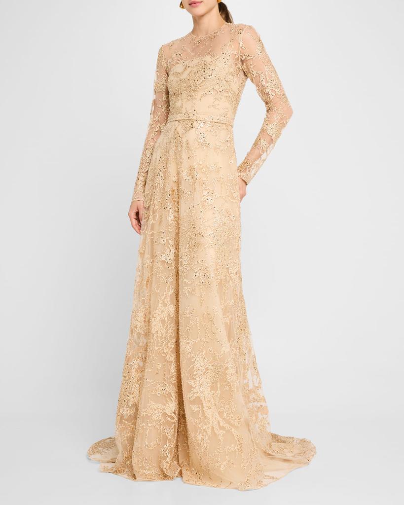 Pamella Roland Sequin Embroidered Tulle Long-Sleeve Illusion Gown