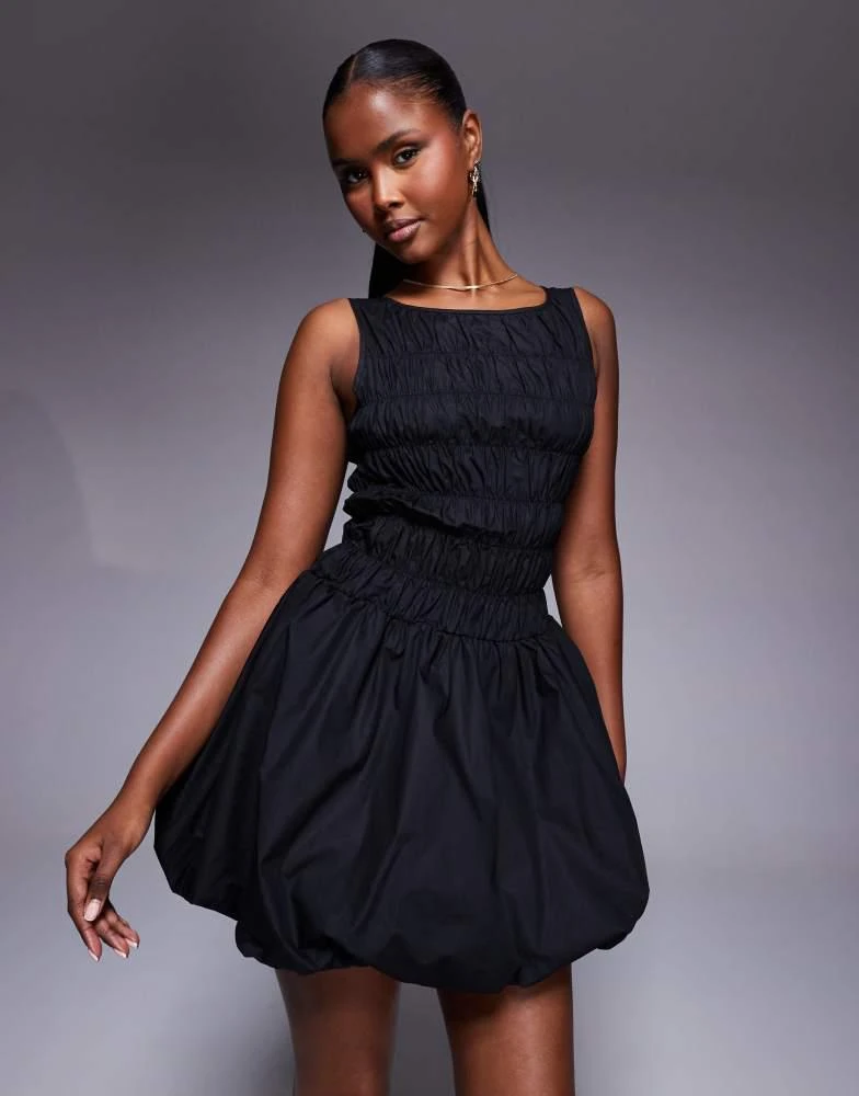Demure Shirred Bubble Hem Mini Dress Black, US 6 / Black Demure Shirred Bubble Hem Mini Dress Black, US 6 / Black
