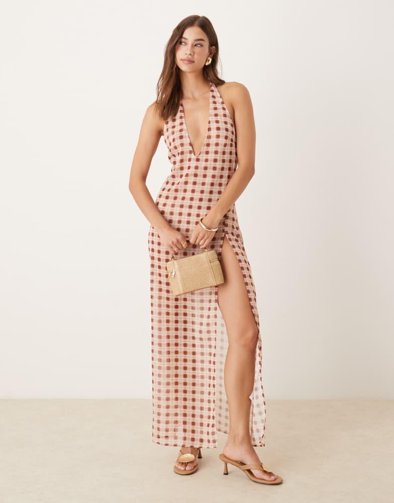 Motel Motel driti blurred check sheer maxi dress in peach