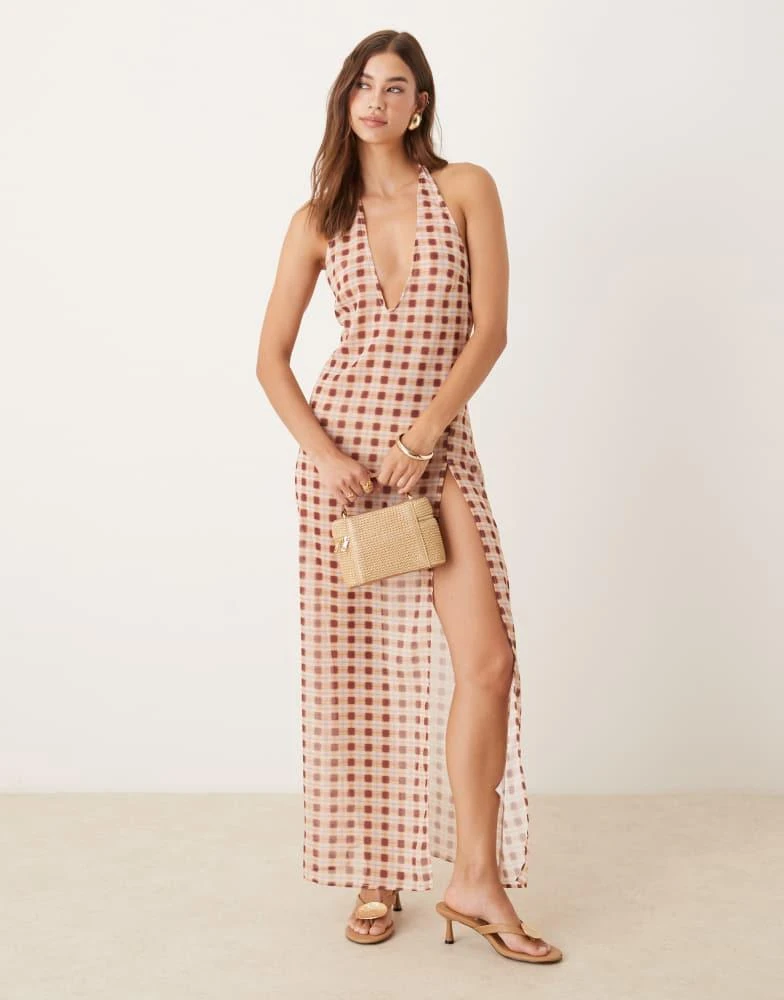 Motel Motel driti blurred check sheer maxi dress in peach 1