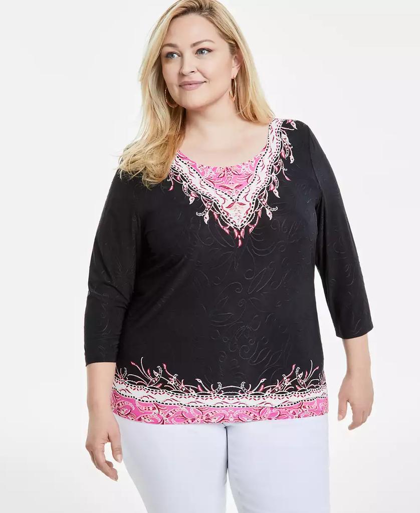 JM Collection Plus Size 3/4-Sleeve Jacquard Top, Exclusively at Macy's