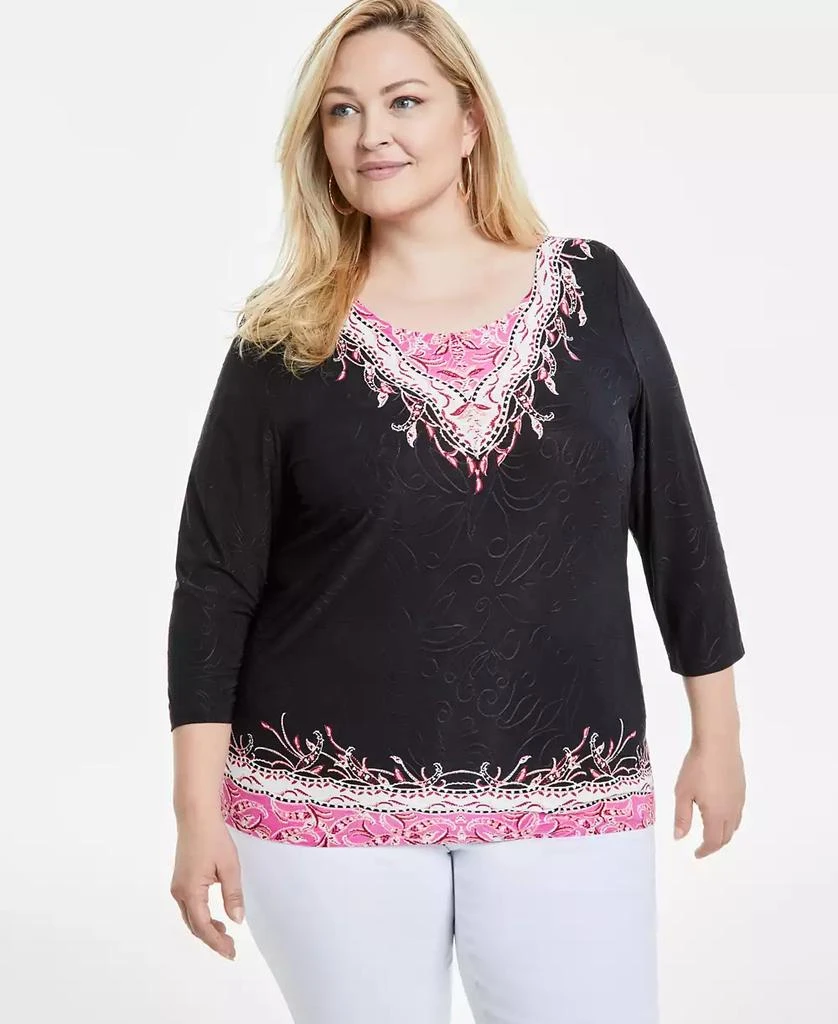 JM Collection Plus Size 3/4-Sleeve Jacquard Top, Exclusively at Macy's 1