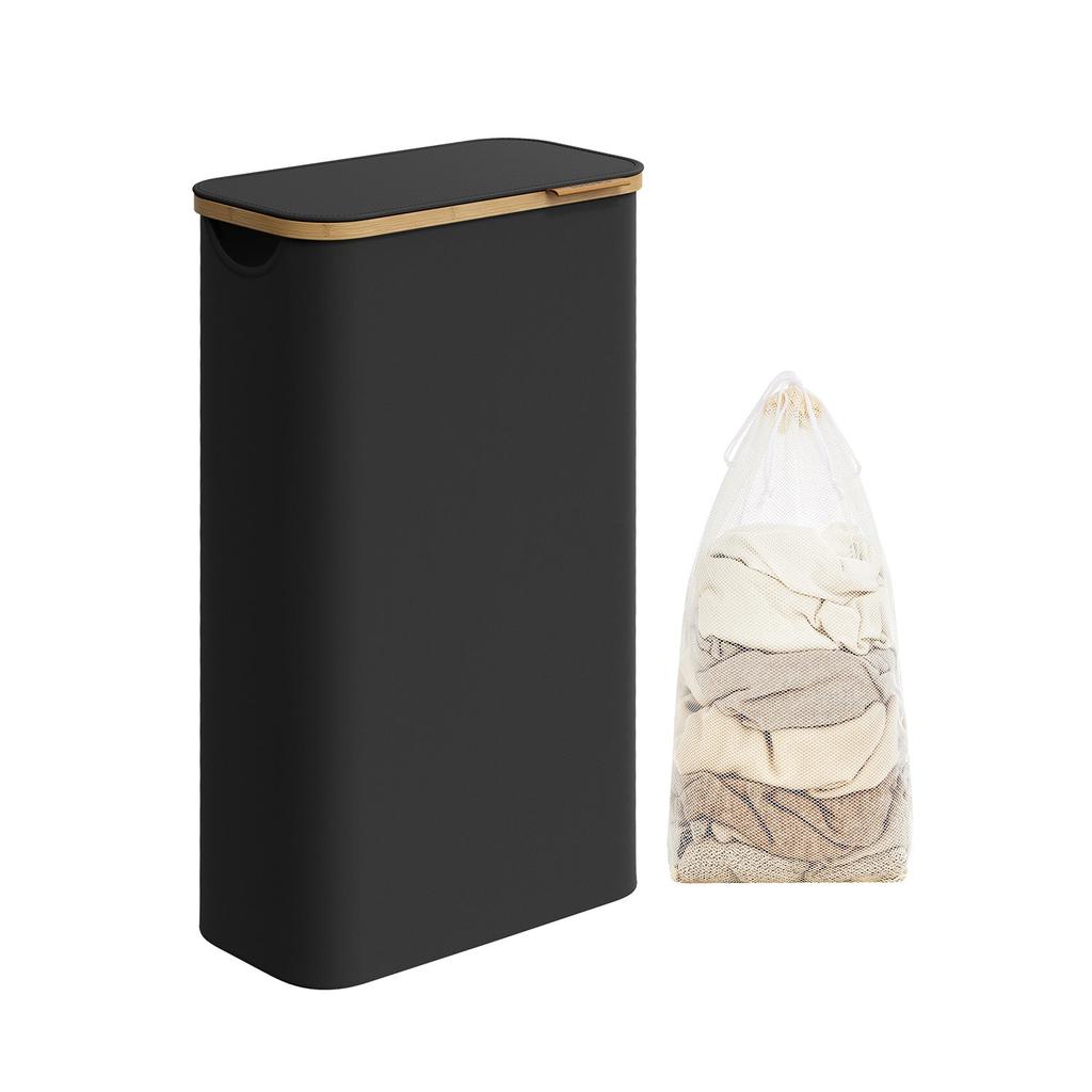 BreeBe Laundry Hamper with Lid, Slim Laundry Basket, 17.2 Gallons (65L), Space-Saving, Removable Mesh Liner, Bamboo Handles, Collapsible, 16.5 x 8.9 x 27.8 Inches, Ink Black