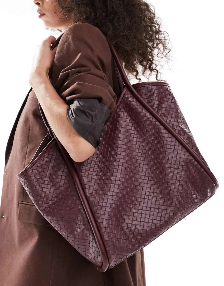 ASOS ASOS DESIGN weave tubular tote bag in burgundy 1