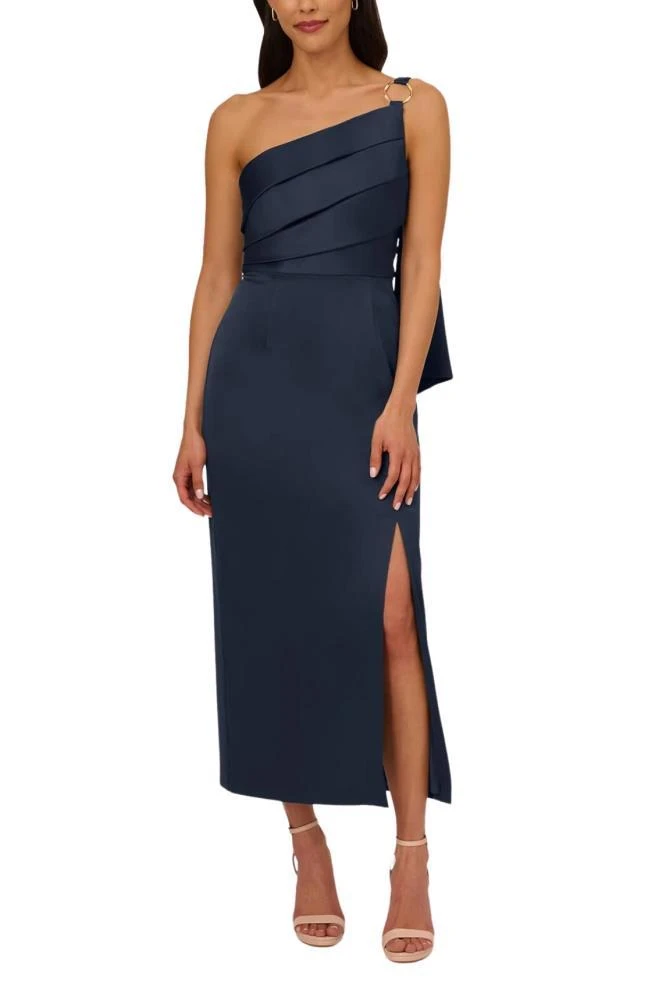 TRUEDAMES Asymmetrical Neck One Shoulder Pleated Bodice Metal Ring Accent Slit Side Satin Crepe Gown
