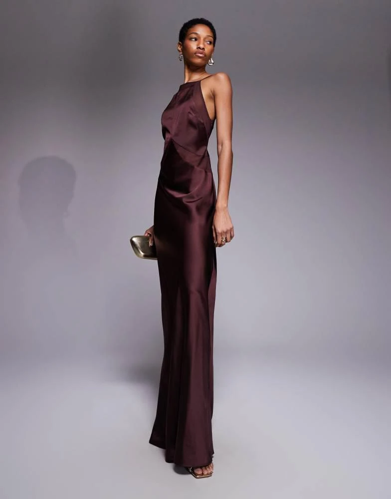 ASOS Design Tall satin chiffon mix square high neck maxi dress in chocolate-Brown ASOS Design Tall satin chiffon mix square high neck maxi dress in chocolate-Brown