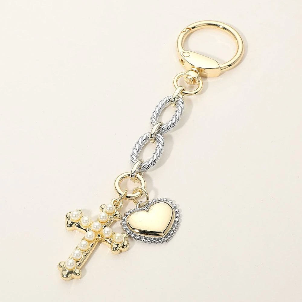 FASHNZFAB 14K Gold Plated Heart Pearl Cross Charm Drop Keychain Bag Charm 2