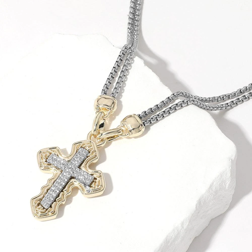 FASHNZFAB 14K Gold Plated CZ Stone Paved Cross Pendant Double Chain Necklace