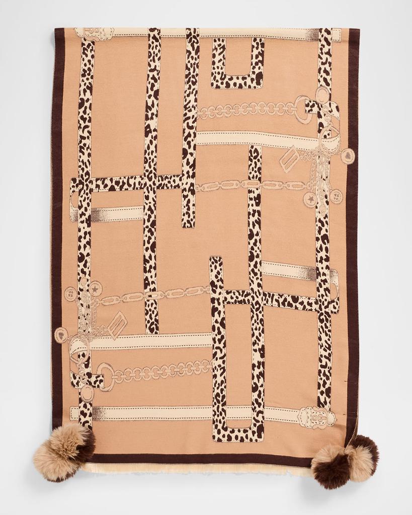 La Fiorentina Animal-Print Scarf W/ Faux Fur Poms