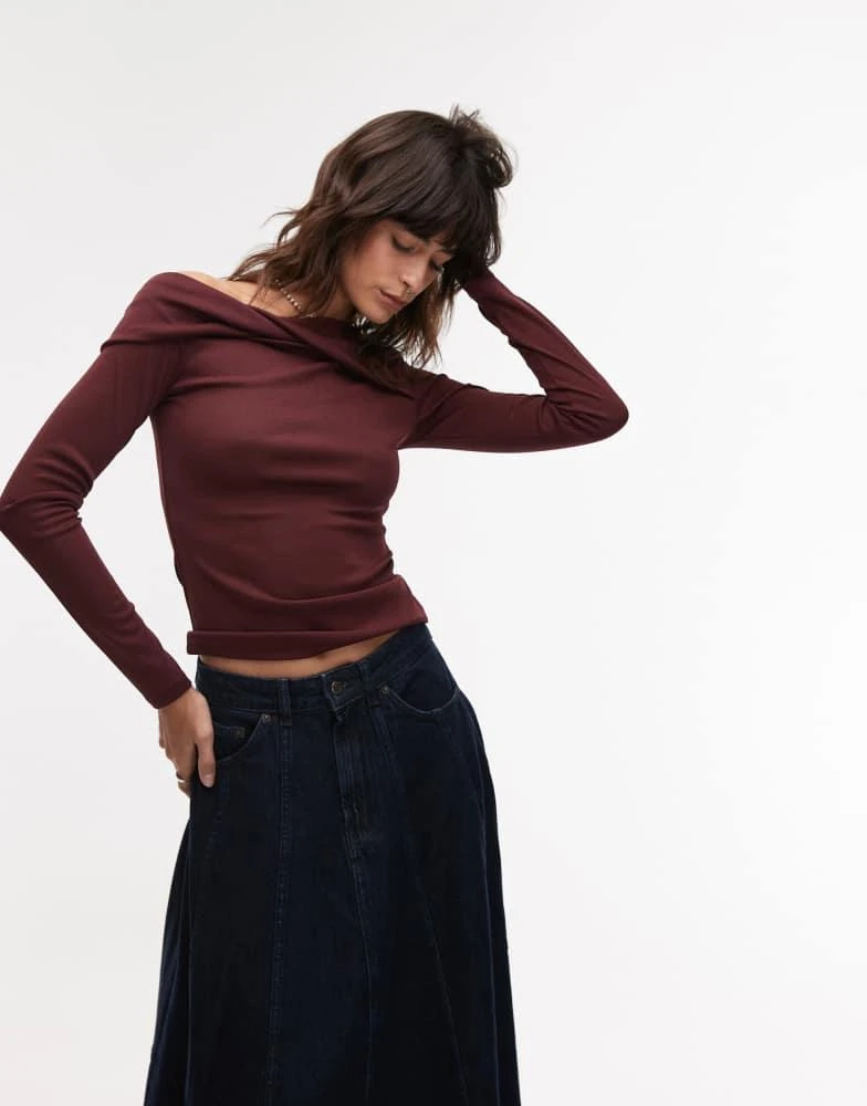 Topshop Topshop twist off shoulder top in burgundy 1