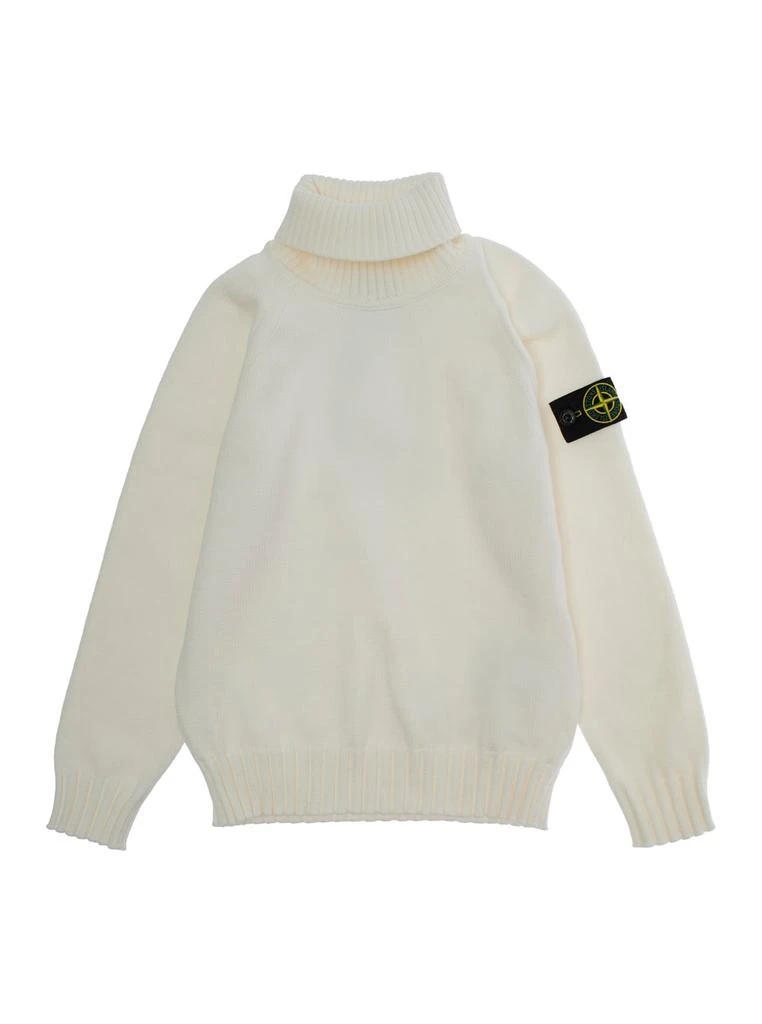 Stone Island Junior White Turtleneck T-shirt With Logo Patch On The Sleeve In Cotton Blend Boy 1