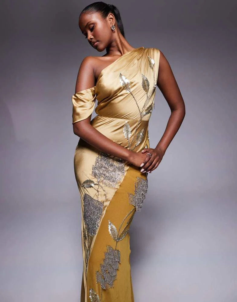 ASOS Design floral embellished chiffon satin mix maxi dress in ochre-Yellow
