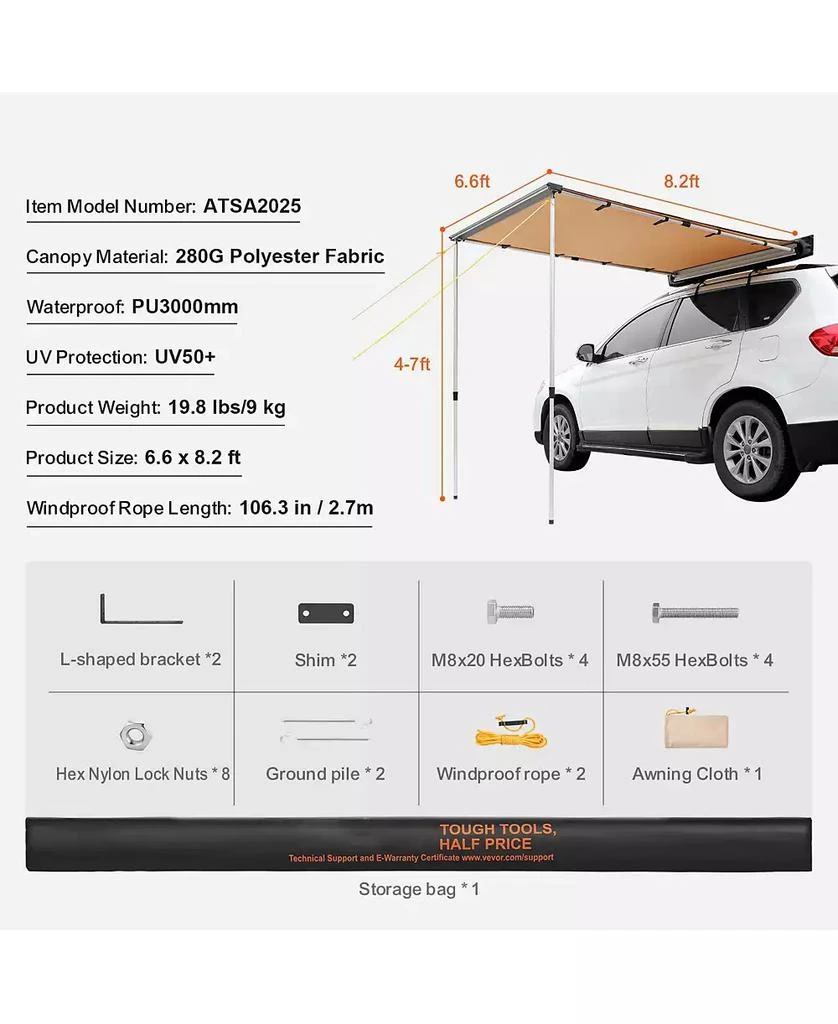 Mecale Car Side Awning, 6.6
 x 8.2
 Shade Coverage Vehicle Awning, PU3000mm UV50+ Retractable Awning with Storage Bag, Height Adjustable 4