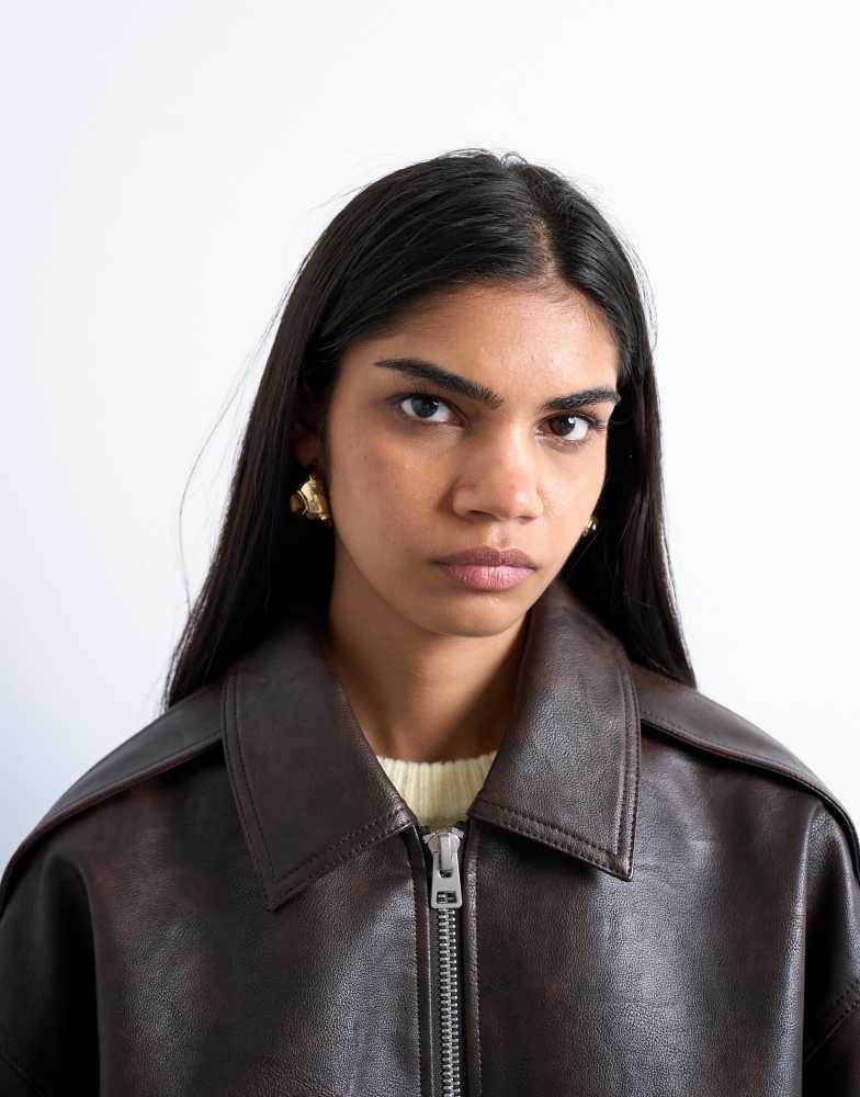 Topshop faux leather vintage wash seam detail zip thru oversized