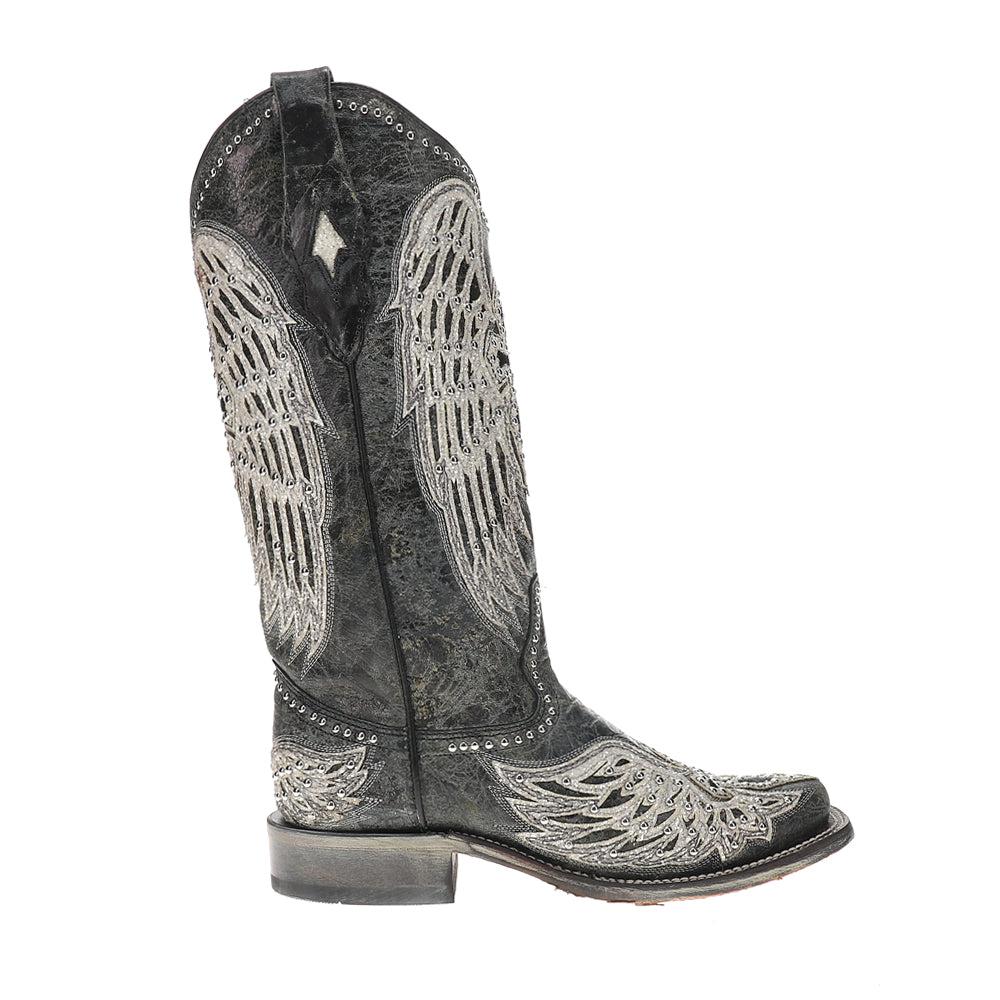 Corral Boots White Cross And Wings Overlay And Studs Worn Finish Black Square Toe Cowboy Boots
