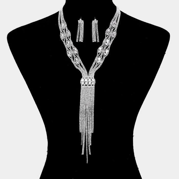 FASHNZFAB Rhinestone Trim Crystal Oval Fringe Necklace 4