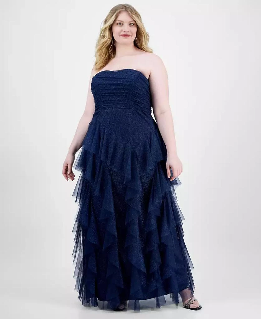 pear culture Plus Size Sparkle Strapless Ruffle-Tiered Gown 1