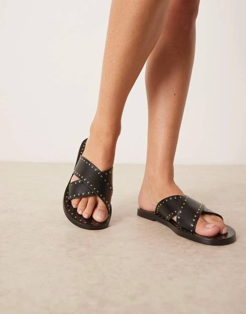 Shop Mango leather studded strap sandal in black on Sale at BeyondStyle ...