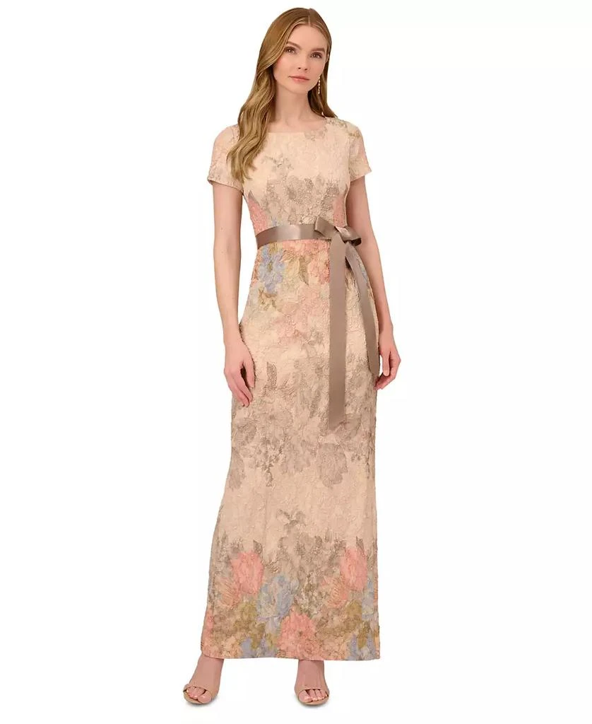 Adrianna Papell Women's Floral-Print Short Sleeve Satin Gown 1