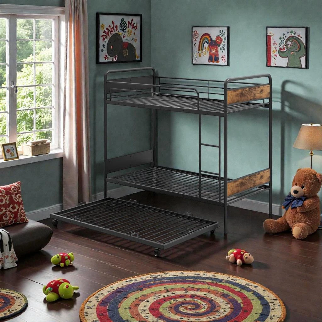 Twin-Over-Twin Bunk Bed Set with Pull-Out Trundle Ladder and Extended ...