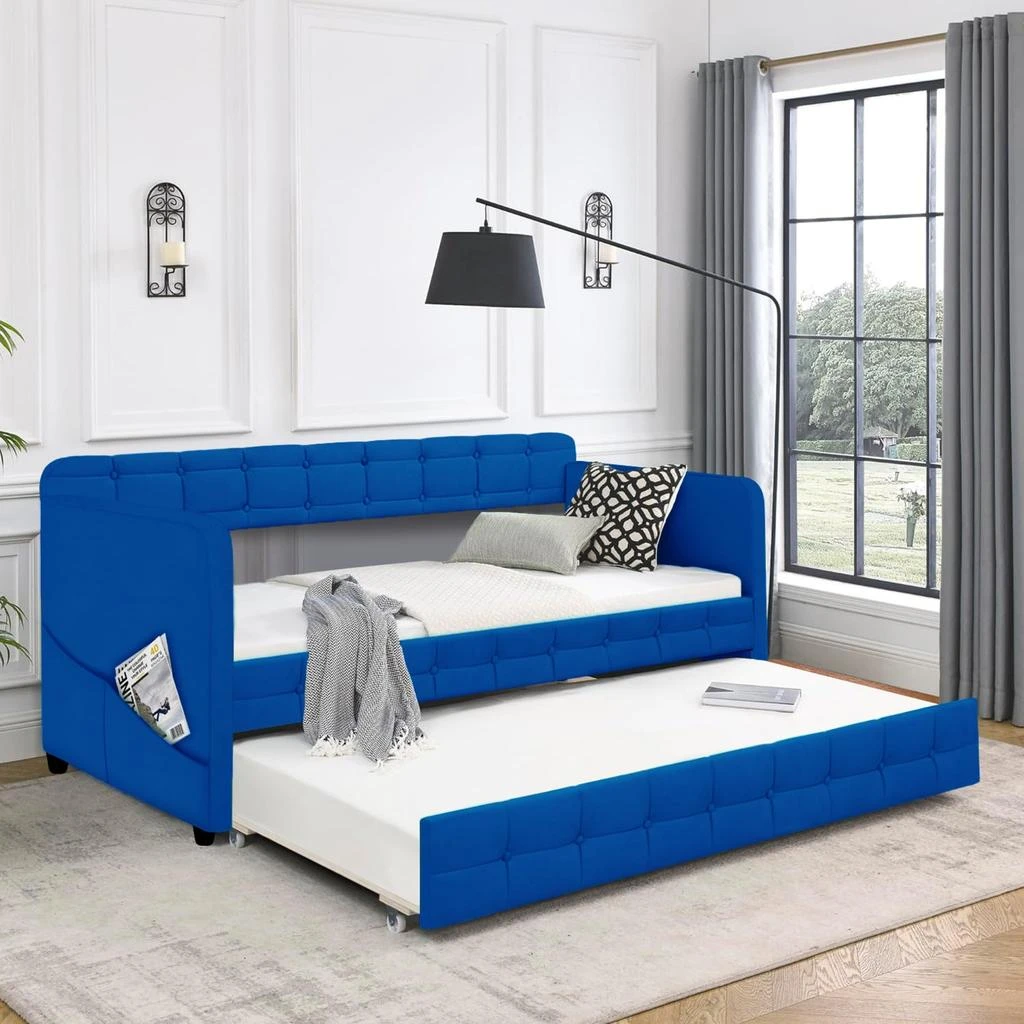 Streamdale Furniture Streamdale Elegant Blue Velvet Daybed with Trundle 1