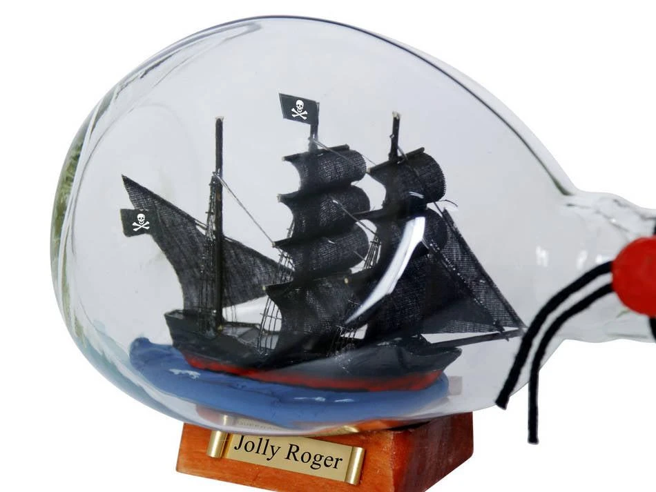 Handcrafted Cast Iron Captain Hook's Jolly Roger from Peter Pan Pirate Ship in a Glass Bottle 7" 5