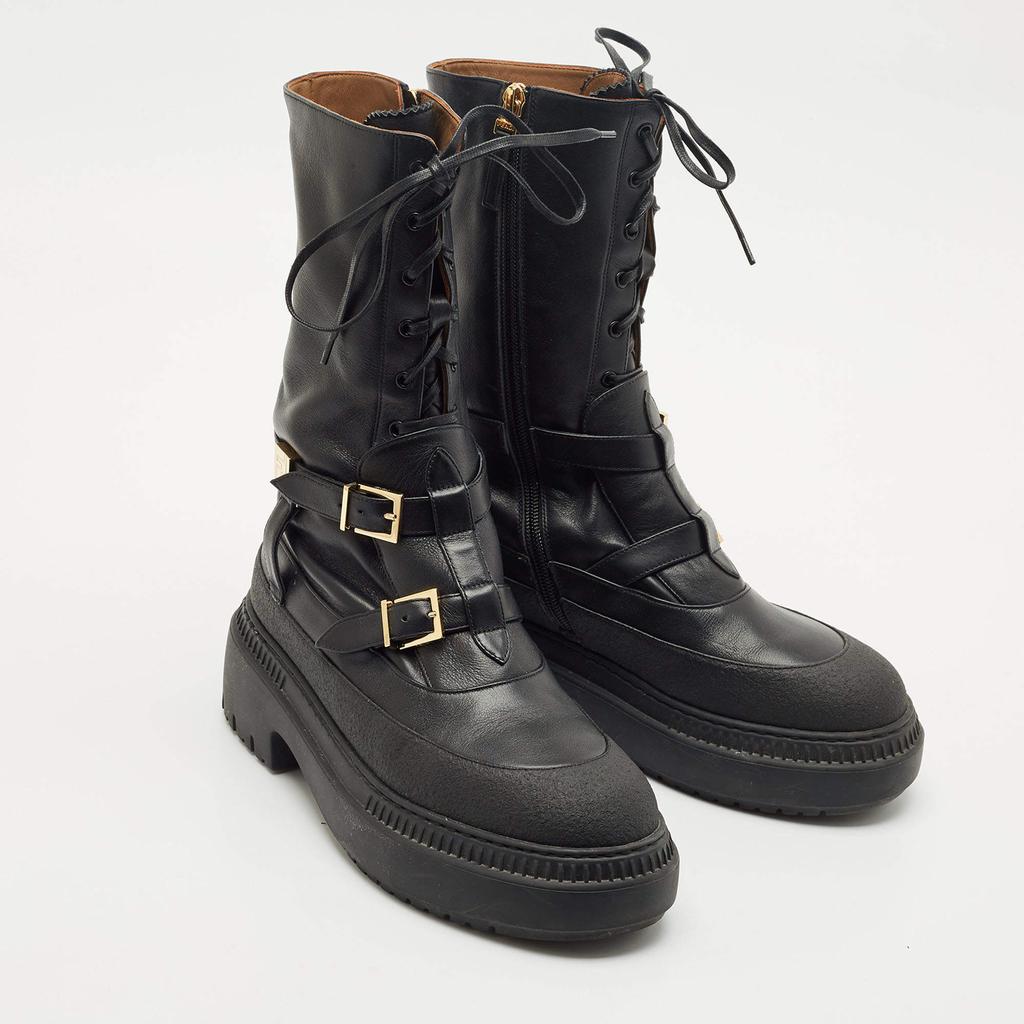 Shop Fendi Black Leather Delfina Biker Boots Size 38 on Sale at