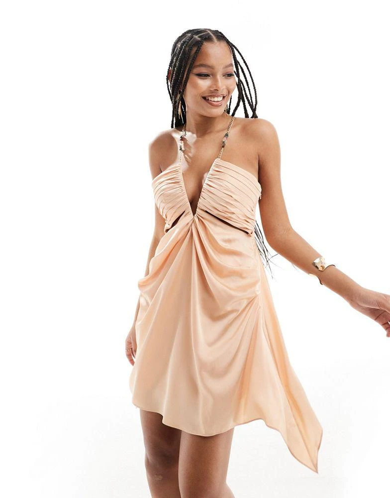 ASOS ASOS DESIGN plunge draped satin mini dress with gold chain detail in peach 1